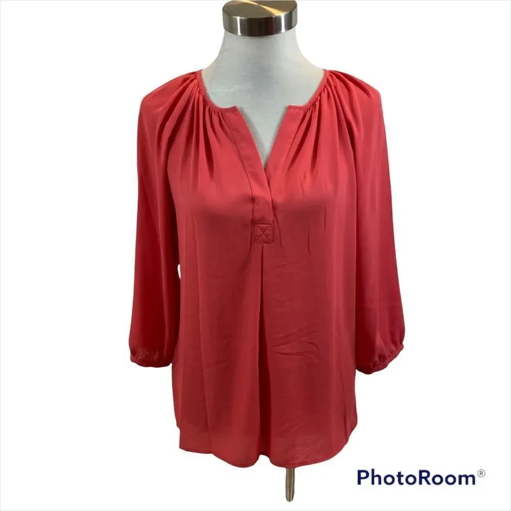 Violet + Claire Coral Split Neck‎ Long Sleeved Sheer Blouse Size Medium